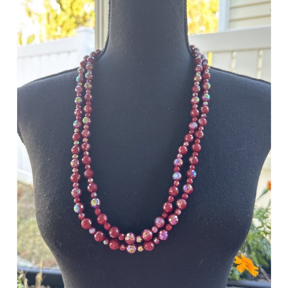 Premier Shimmer Beaded Cherry Red Burgundy 29" Drop Statement Necklace NEW